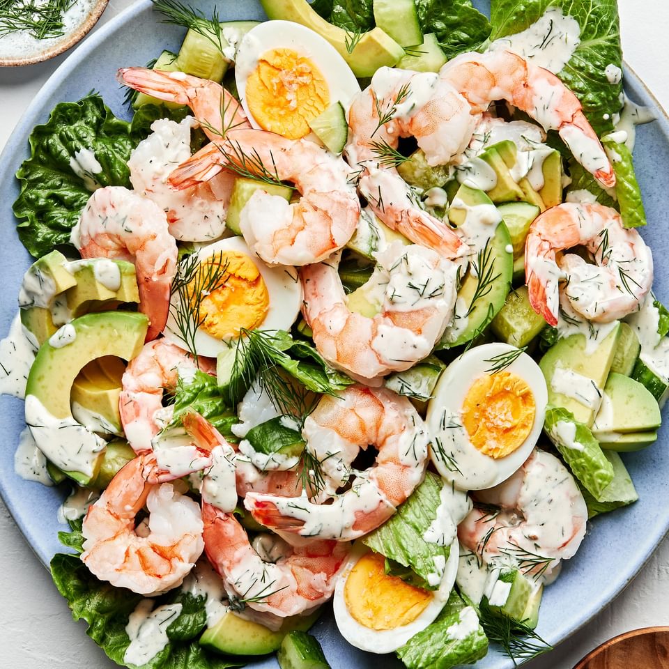 Shrimp and Avocado Salad with Dill Dressing on a platter