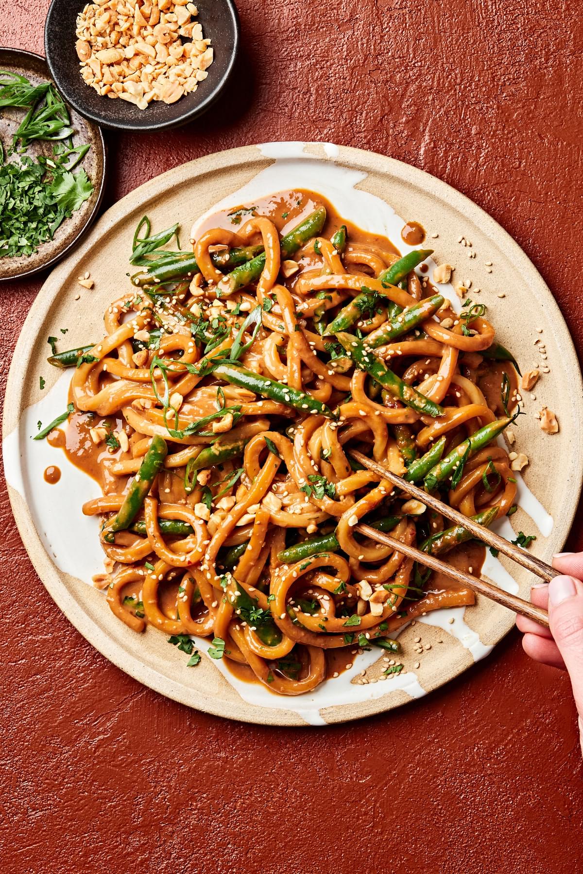homemade spicy peanut udon noodles topped with green onions, cilantro, sesame seeds, and crushed peanuts on a plate