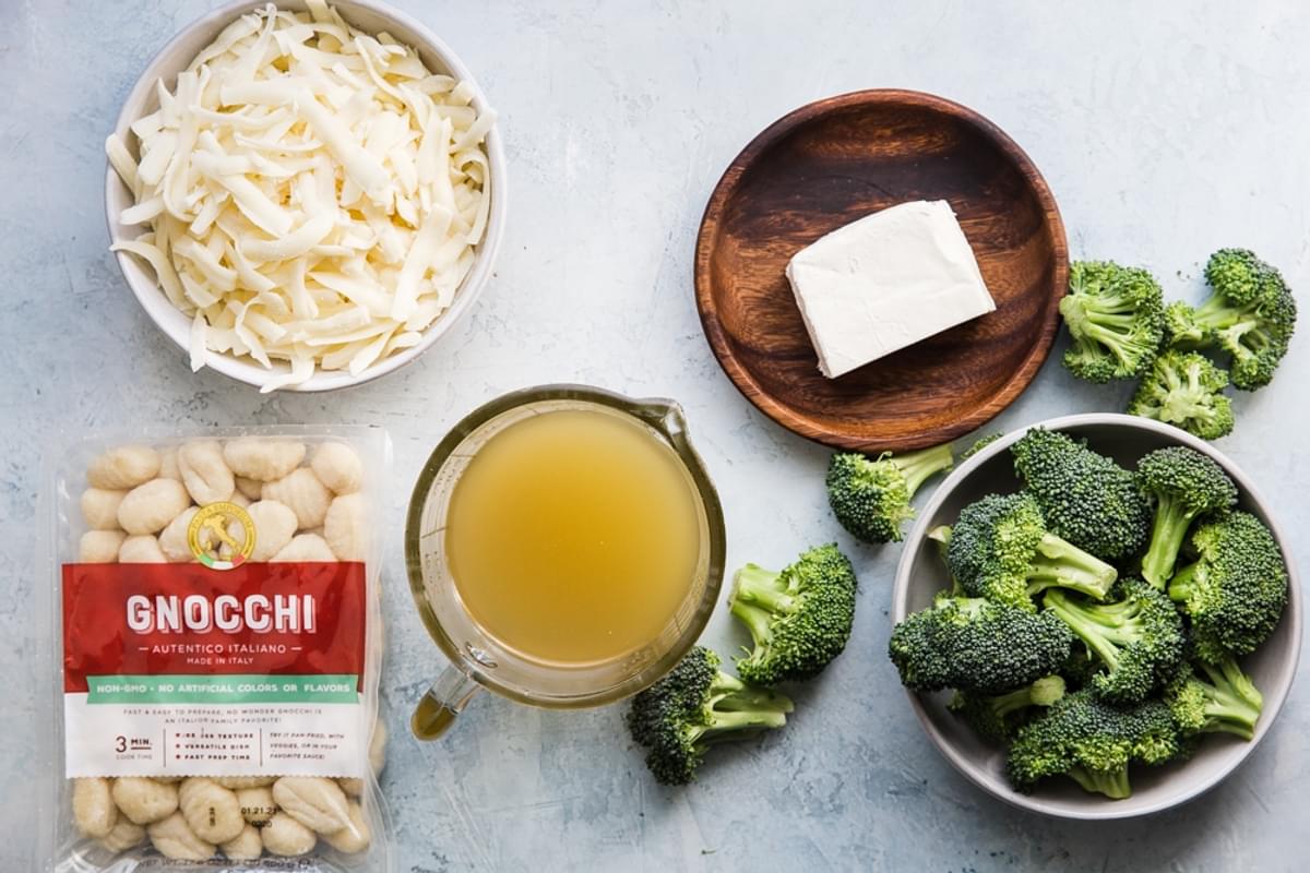 Ingredients for baked gnocchi, broccoli, chicken stock, cream cheese and shredded mozzarella