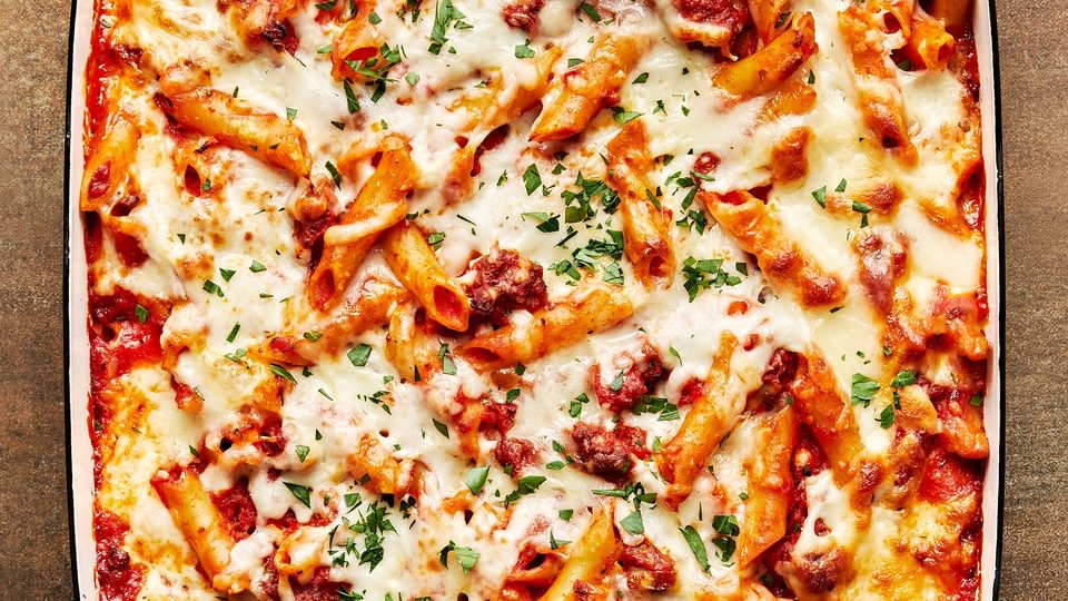 Baked Mostaccioli in a baking dish