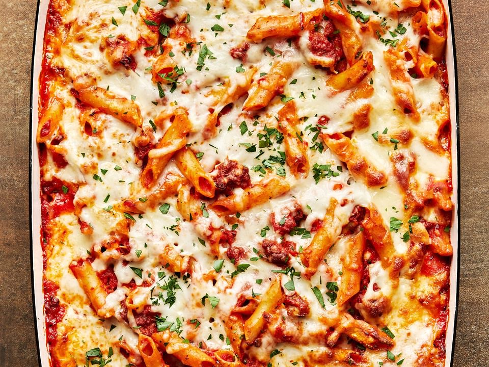 Baked Mostaccioli in a baking dish
