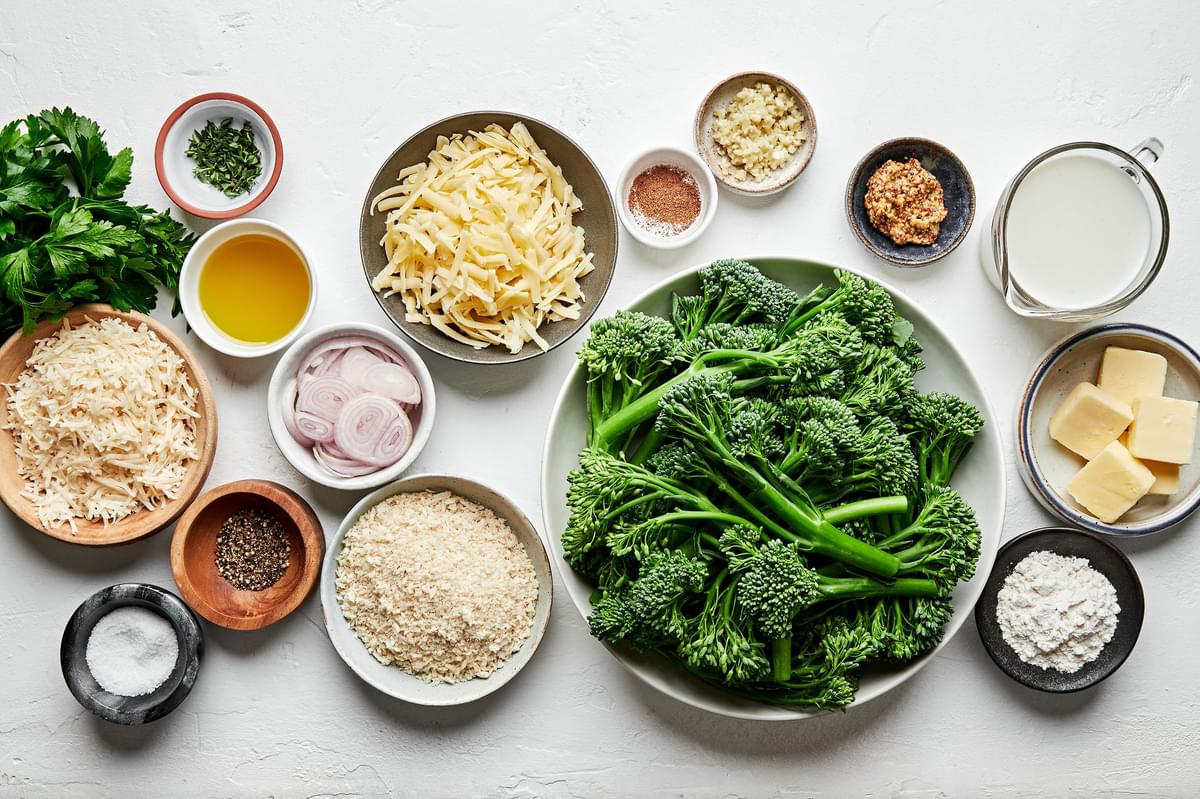 broccolini, flour, butter, milk, spices, Gruyère, Parmesan, and whole grain mustard in prep bowls