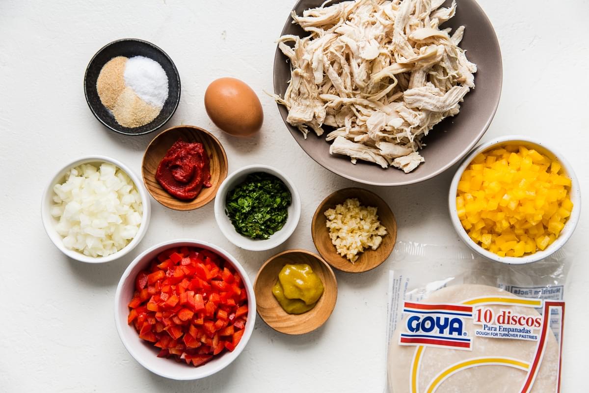 ingredients for chicken empanadas, Shredded chicken
Onion, Bell peppers, Garlic, Cilantro, Onion powder, Garlic powder, Egg
