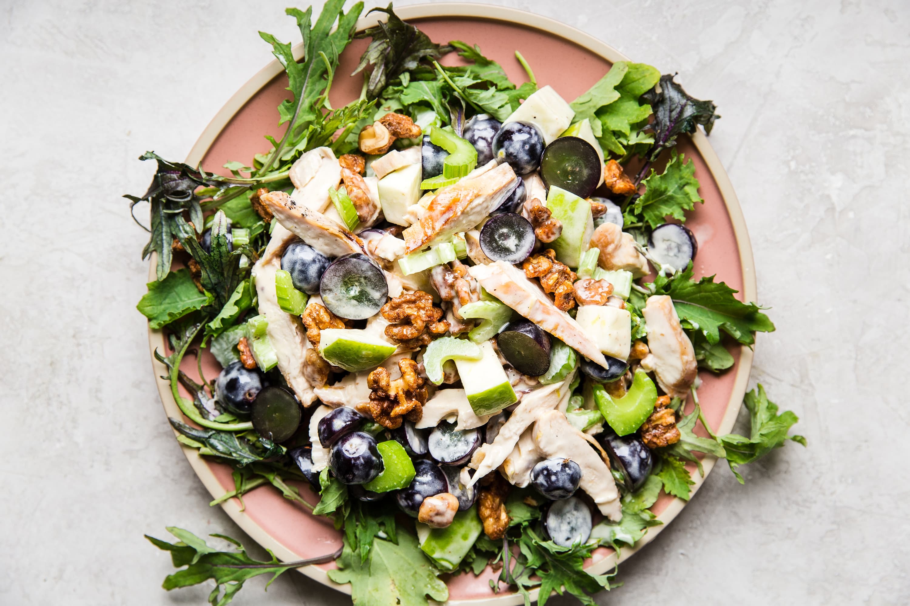 chicken waldorf salad with lettuce, chicken, grapes and celery
