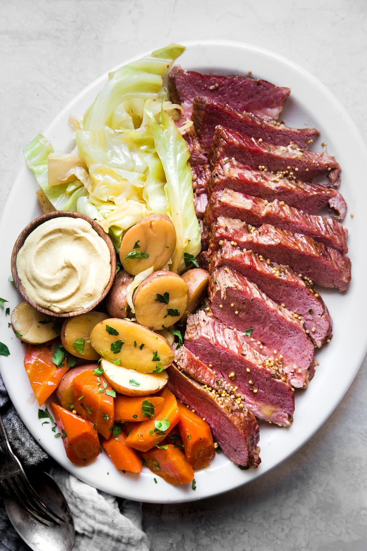 sliced Corned beef with cabbage and potatoes on a plate