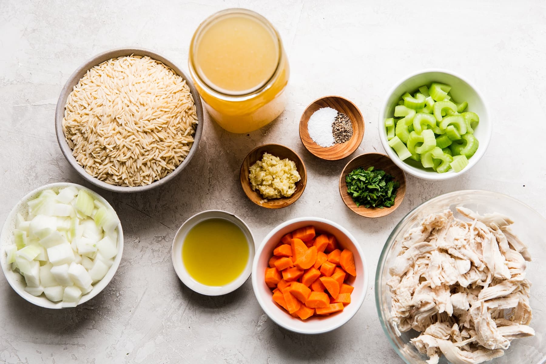 Ingredients for Creamy Chicken Orzo carrots, celery, onions, garlic