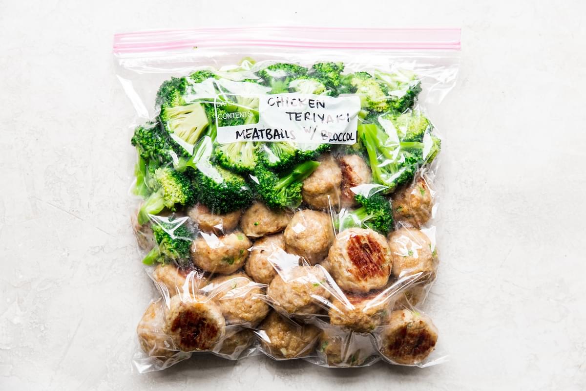 Freezer Teriyaki Chicken Meatballs with broccoli in a ziplock bag