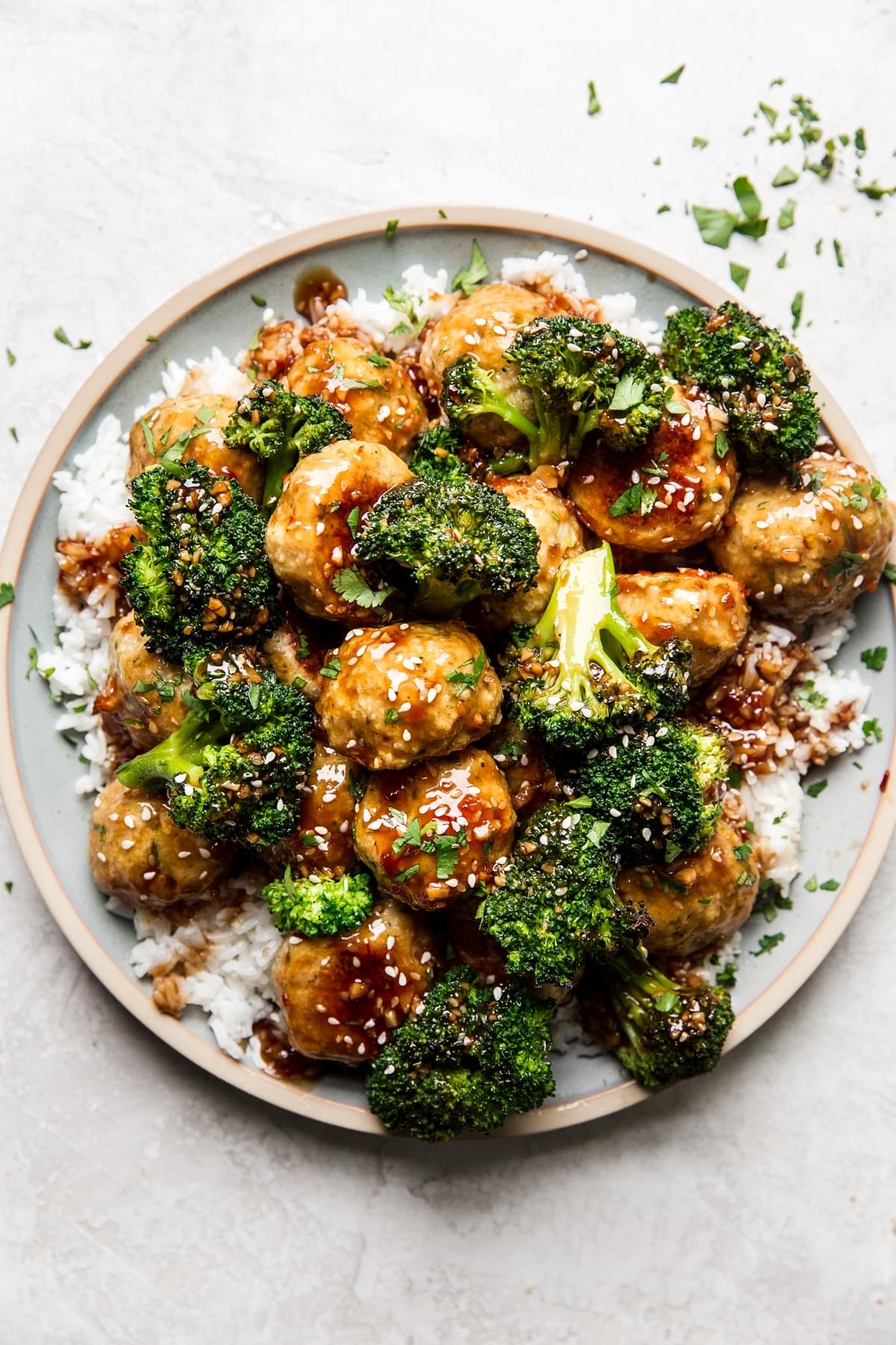 Freezer Teriyaki Chicken Meatballs with broccoli and rice