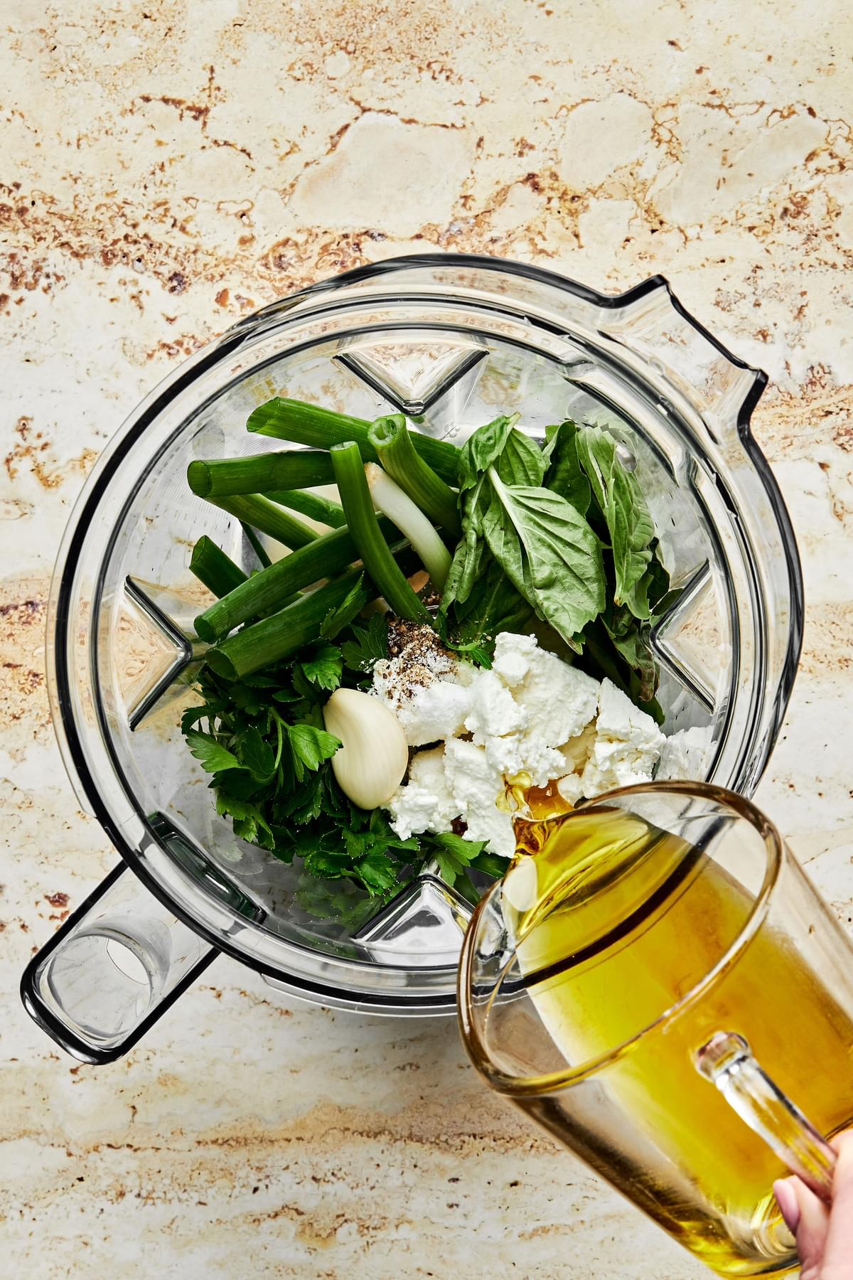 goat cheese, olive oil, fresh herbs, fish sauce, lemon juice, pepper & salt in a blender to make green goddess dressing
