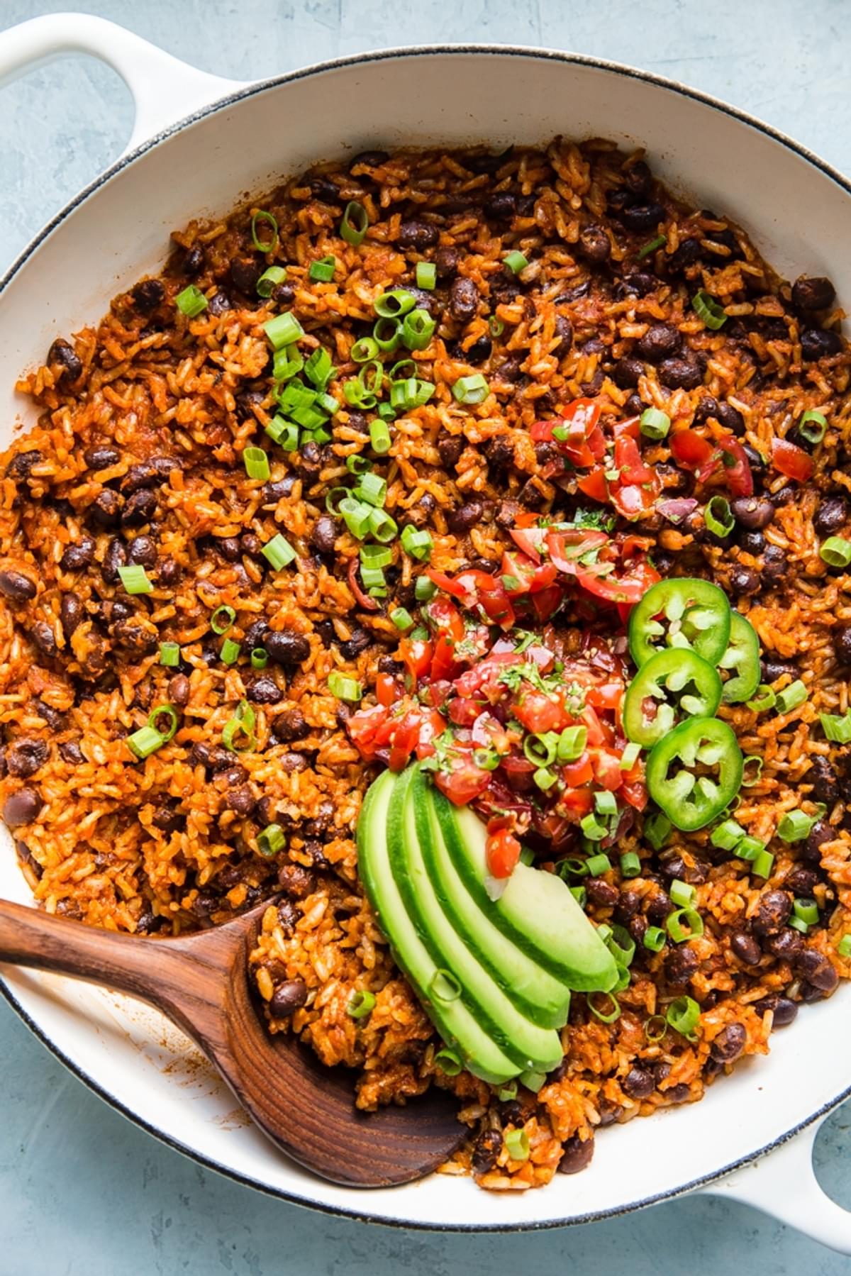 Mexican brown rice with black beans avocado and salsa