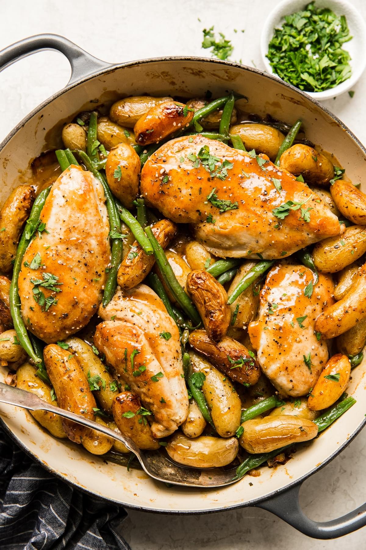 one pan honey mustard chicken with green beans and potatoes