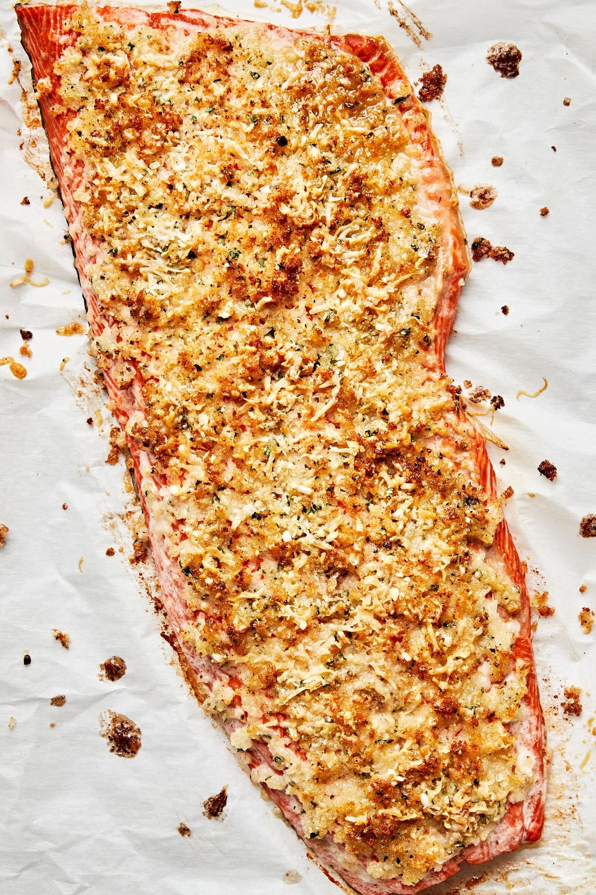 homemade parmesan crusted salmon on parchment paper