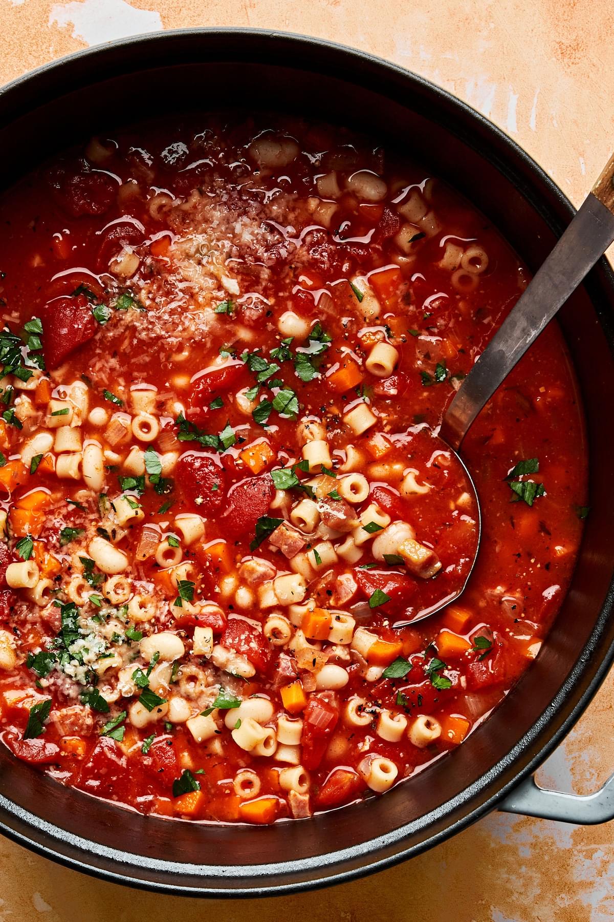 a pot of homemade pasta e fagioli soup