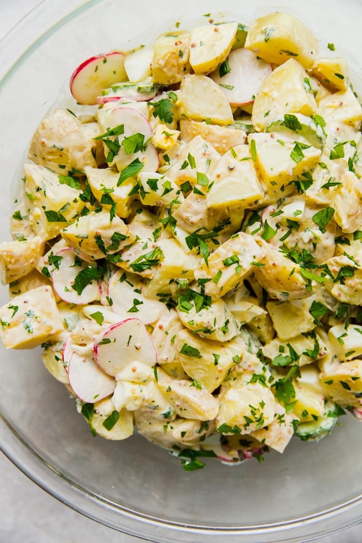 the best potato salad in a bowl