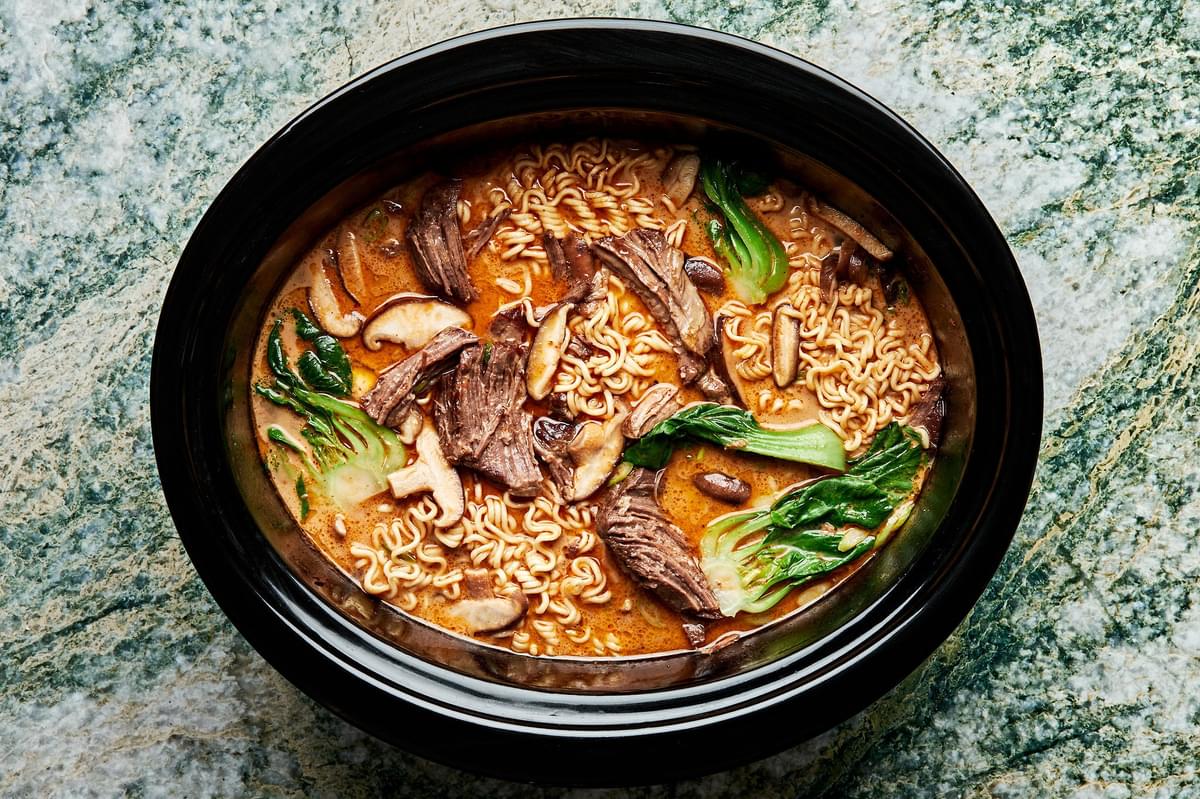 Slow Cooker Curry Beef Ramen made with beef, ramen, mushrooms and bok choy in a slow cooker