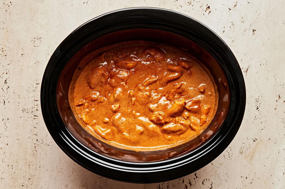 chicken, peanut butter, coconut cream, red curry, soy sauce, brown sugar, fish sauce & vinegar cooked in a slow cooker
