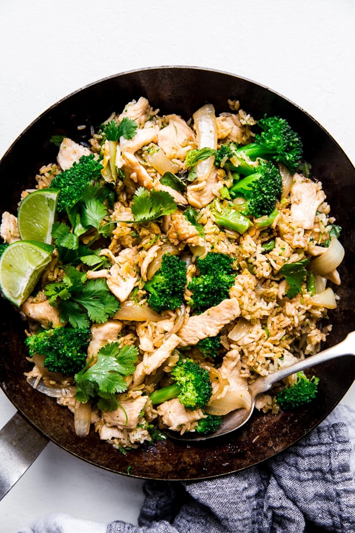 Thai Fried Rice with Basil, chicken, broccoli, lime and cilantro