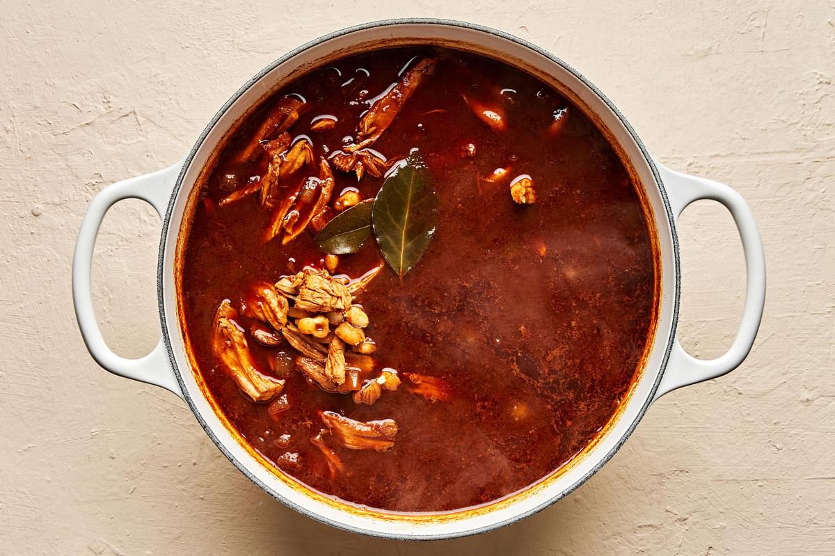 homemade turkey pozole rojo in a soup pot