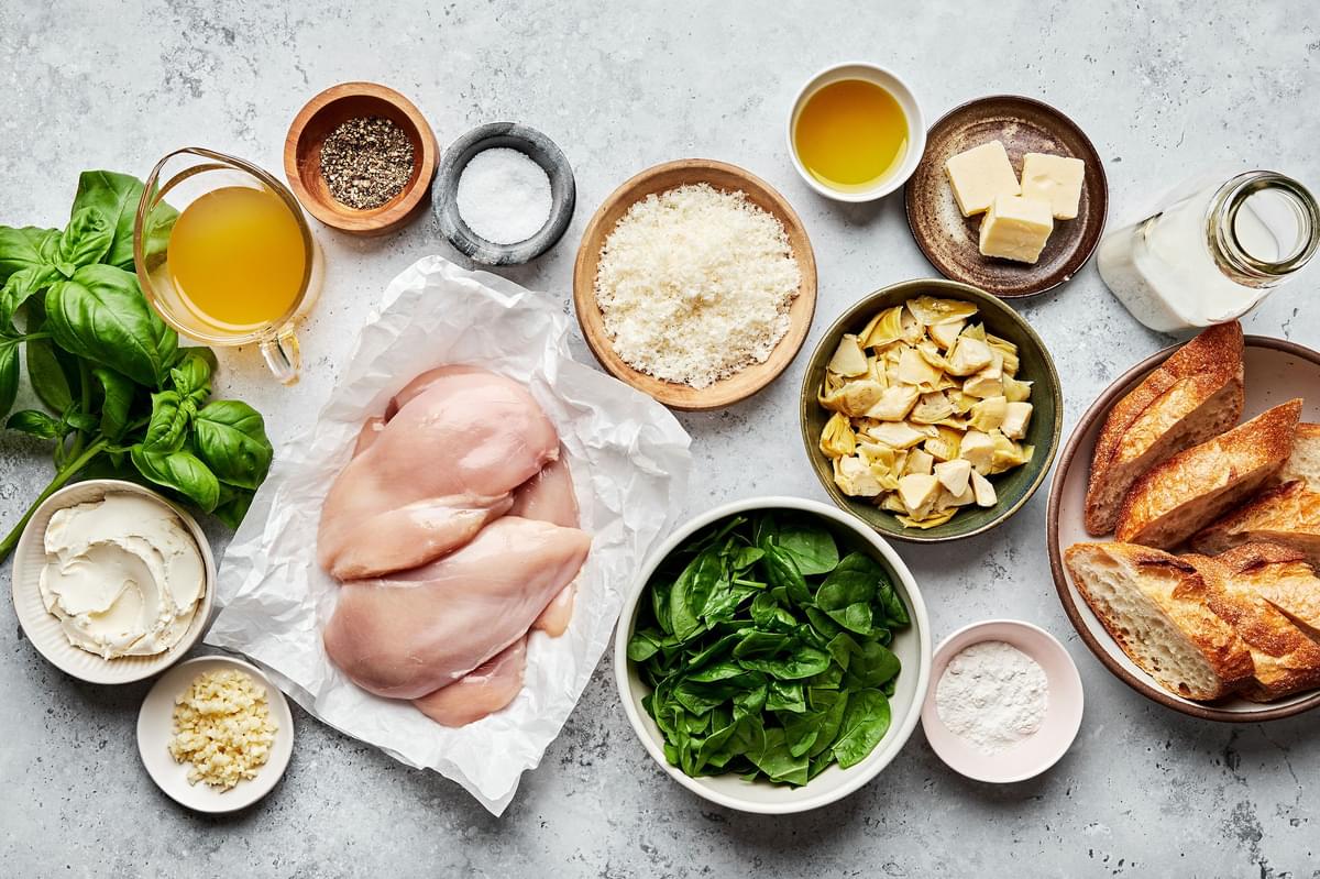 chicken, olive oil, butter, flour, chicken stock, milk, cream cheese, spinach, artichoke hearts, Parm & spices in prep bowls