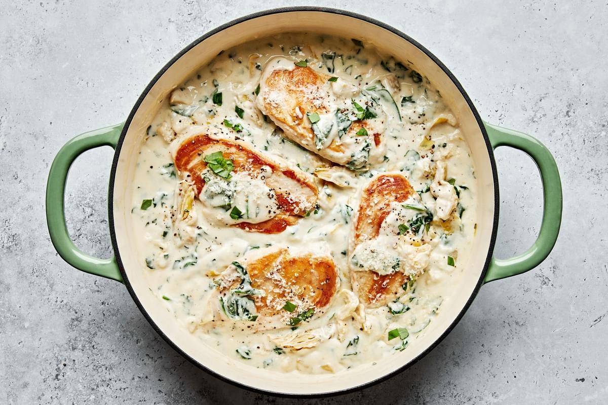 homemade spinach and artichoke chicken skillet