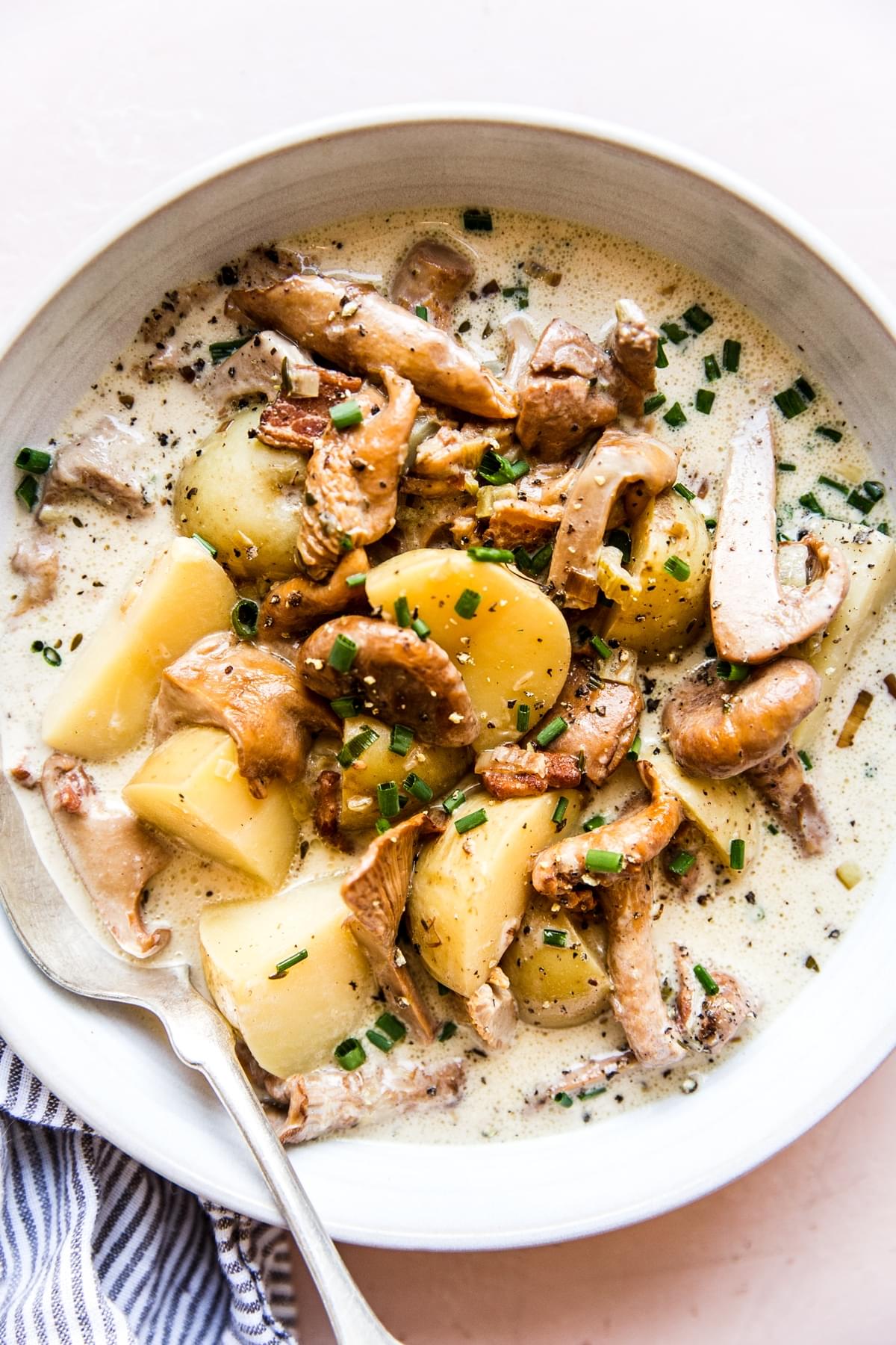 wild mushroom chowder in a bowl with potatoes