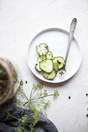 plate of homemade pickles with a fork