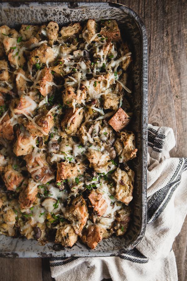 Mushroom and leek bread pudding in a casserole pan