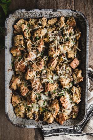 Mushroom and Leek Bread Pudding in a metal casserole dish