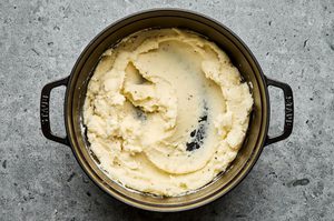 creamy mashed potatoes in a pot to use on top of ground lamb shepherds pie