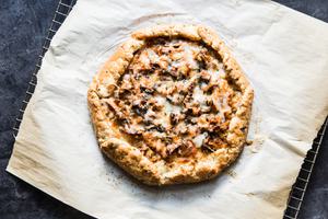 golden brown mushroom galette fresh out of the oven