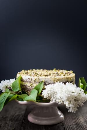 Yogurt and Olive Oil Pistachio Cake With Lemon Buttercream on a pink cake stand