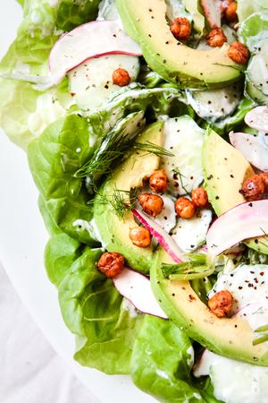 Butter Lettuce And Radish Salad With Yogurt Dill Dressing toasted chickpeas and avocado