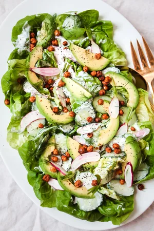 Butter Lettuce And Radish Salad With Yogurt Dill Dressing toasted chickpeas and avocado