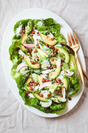 Butter Lettuce And Radish Salad With Yogurt Dill Dressing toasted chickpeas and avocado