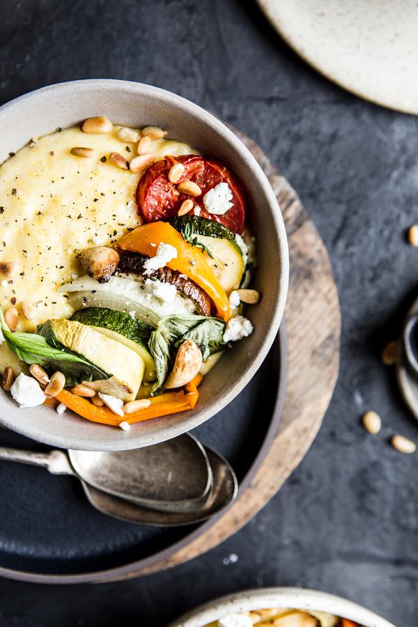 Creamy Goat Cheese Polenta With Ratatouille, pine nuts, fresh basil and parmesan cheese
