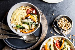 Creamy Goat Cheese Polenta With Ratatouille toasted pine nuts and basil