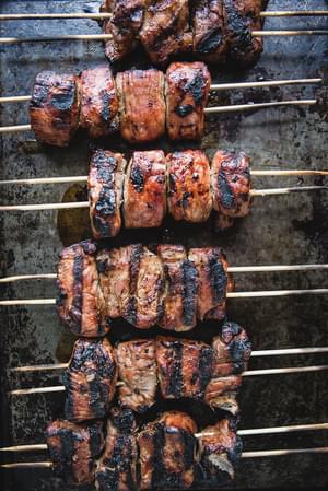 grilled Hoisin Marinated Pork Kababs on a baking sheet