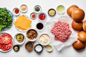 Ingredients for a homemade classic cheeseburger with secret sauce arranged neatly on a countertop, ready for cooking.