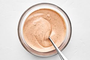 secret burger sauce made with ketchup, garlic powder, pickle juice, dill, lime juice, paprika, cayenne, and mustard