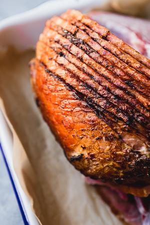 Flame crafted Ham in a baking dish