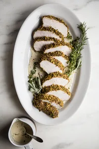 Pistachio Crusted Pork Tenderloin with White Wine Dijon Sauce on a plater with herbs and extra sauce in a dish