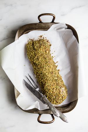Pistachio Crusted Pork Tenderloin in a roasting pan