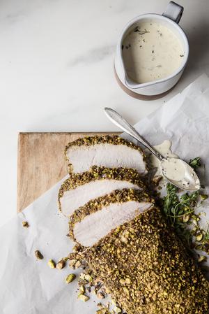 Pistachio Crusted Pork Tenderloin with White Wine Dijon Sauce
