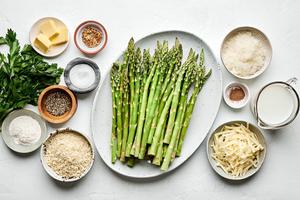asparagus, butter, flour, milk, mustard, spices, Parmesan, Gruyère, panko and parsley in prep bowls