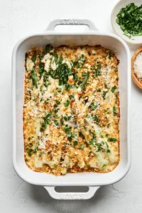 asparagus gratin topped with toasted panko and fresh parsley
