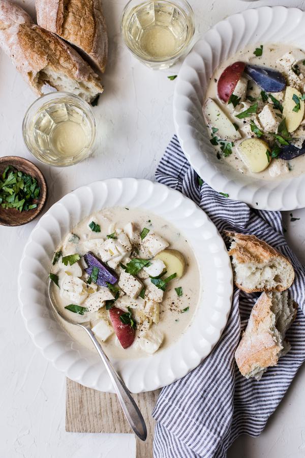 Bourride French Fish Stew with aioli and potatoes in bowls