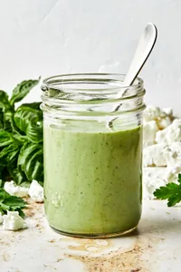 Homemade green goddess dressing in a glass jar with a spoon surrounded by fresh basil on the counter