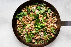 Larb Lettuce Cup filling with mint and cilantro