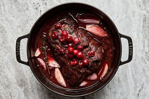 Pot Roast with Tart Cherry-Black Pepper Sauce in a dutch oven