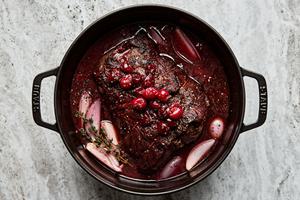 Pot Roast with Tart Cherry-Black Pepper Sauce in a dutch oven